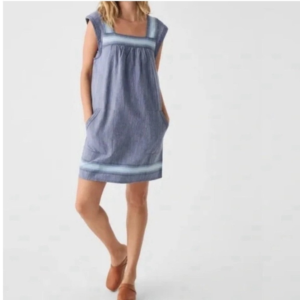 Faherty Hailee Organic Cotton Square Neck Shift Dress Sz S Chambray Boho Beachy